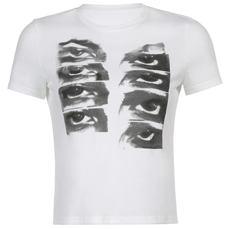 

Rockmore Eyes Print Crop Top y2k Aesthetic Women's T-Shirt Vintage Short Sleeve Tshirt O Neck Harajuku Gothic Tee Tops Summer