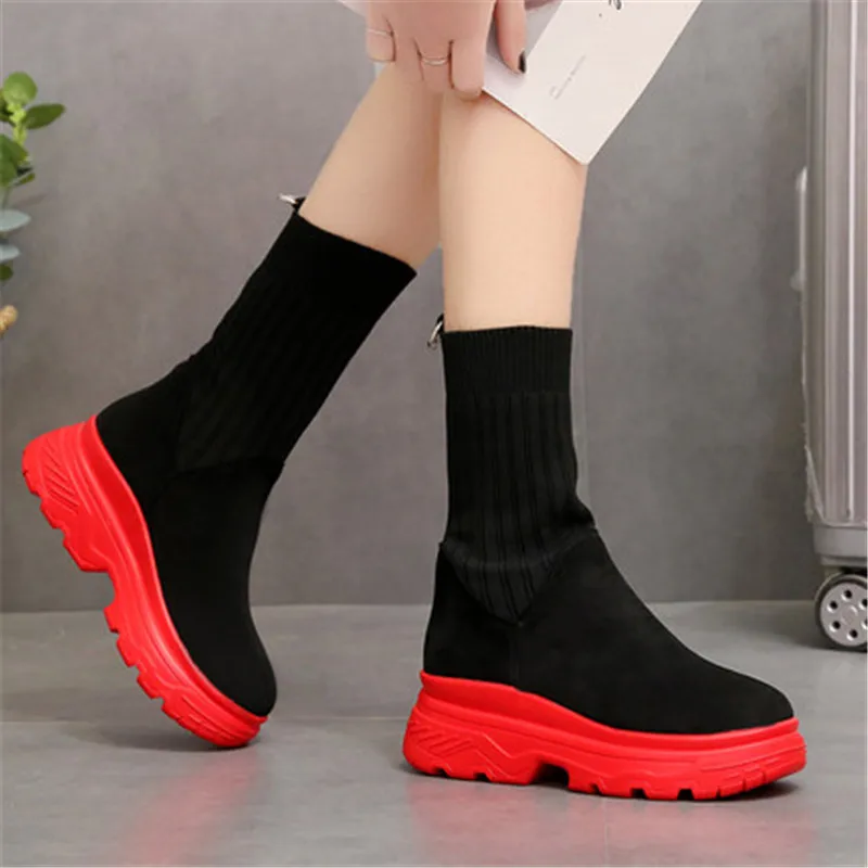 

Autumn Winter Women Black Ankle Boots Stretch Fabric Platform Wedges Heel Sock Boots Woman Fashion High heels Zapatos De Mujer