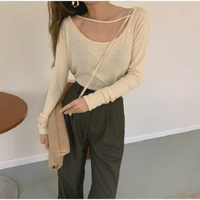 

T-shirt women's loose clavicle slimming long-sleeved tops 2021 spring new Korean version