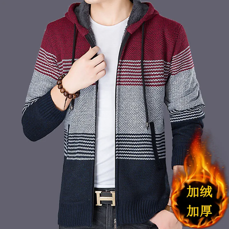 

2021 Autumn New Men's Fleece-Lined Thickened Hooded Color Matching Sweater Cardigan Teen Hooded Striped Casual Sweater