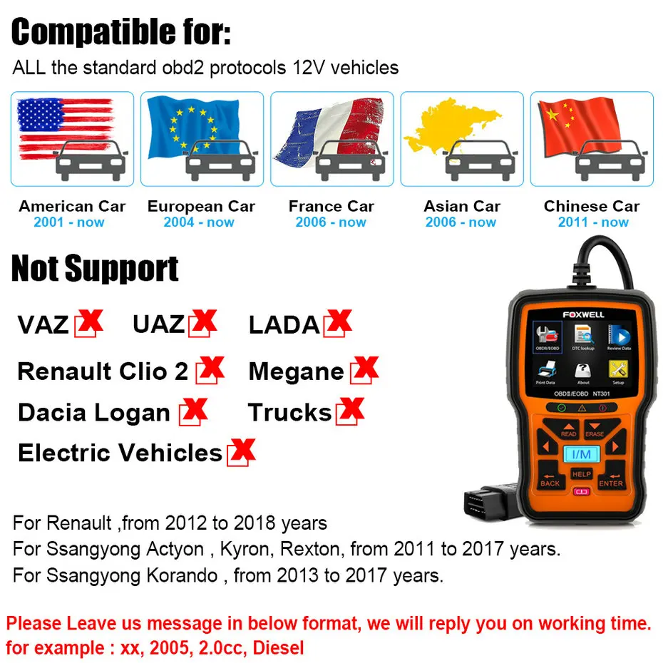 Foxwell NT301OBD2 сканер двигатель код ридер автомобильный диагностический инструмент