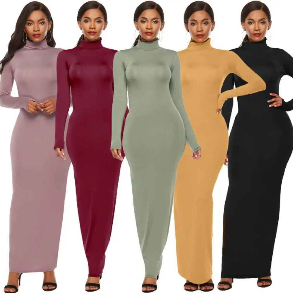 

Plus Size Party Solid Color Women Long Sleeve Turtleneck Bodycon Maxi Dress