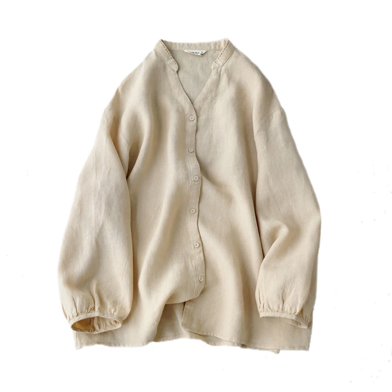 

SHUCHAN Buttoned Shirt V-Neck Linen Summer 2021 Vintage Flax Womans Tops with Long Sleeve Fashion Clothes Woman