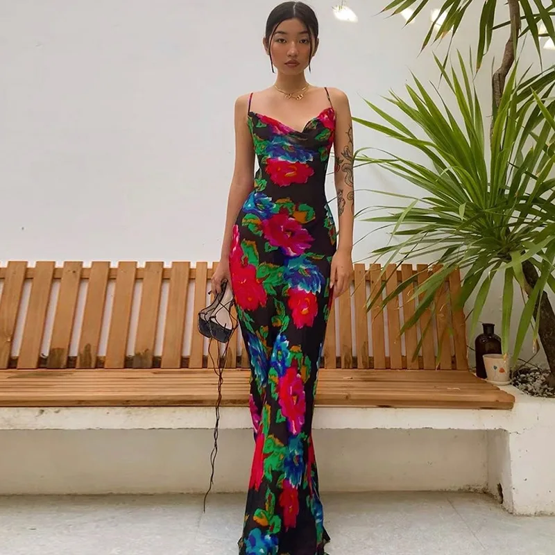 

2020 Summer Women's New Sexy Floral Printed Heap Collar Strap Backless Dress Street Style Polyester
