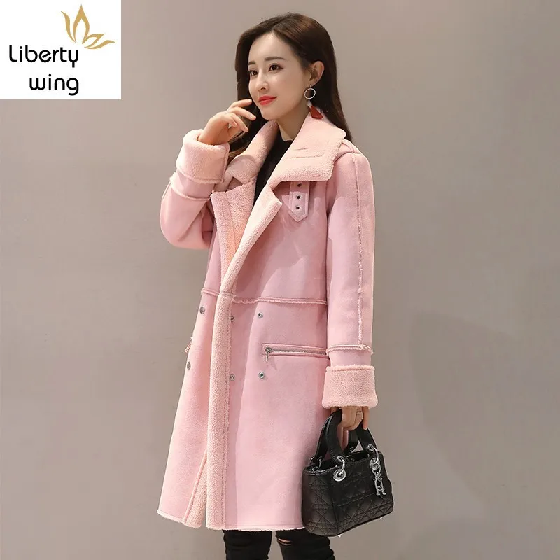 Winter Women Warm Fleece Lining Faux Suede Leather Outwear Windbreaker Office Ladies Slim Fit Overcoat Thick Trench Coat