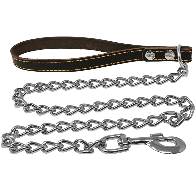 Сверхмощный поводок для собак металлический с кожаной ручкой средних и больших