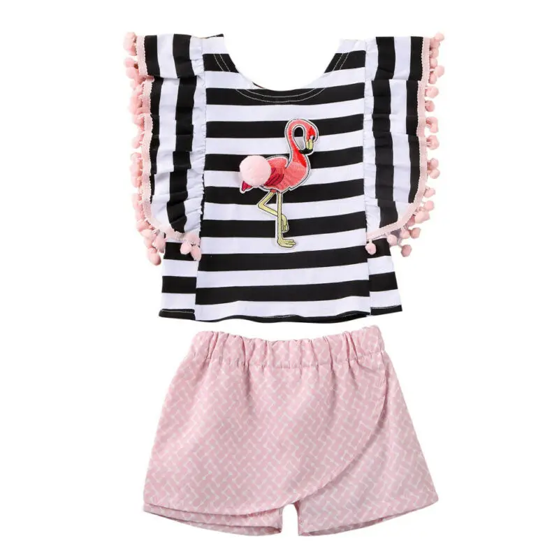 Cute Summer Baby Kids Girl Flamingo Print Stripe T shirt Tops+Shorts Pants 2PCS Outfit Clothes Set | Детская одежда и обувь