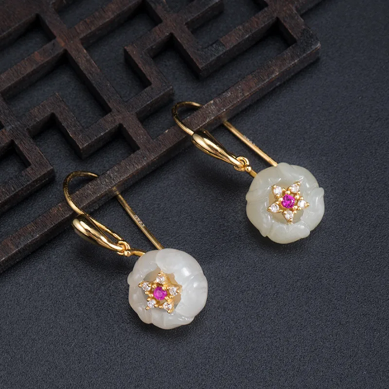 

Bastiee Jade Flower Drop Silver Earrings 925 Women Jewelry Zircon Dangle Earring Gold Plating Chinese Vintage Jewellery