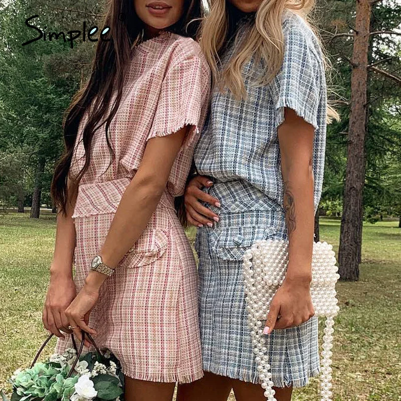 Простое Элегантное женское платье в клетку весеннее из двух предметов с круглым