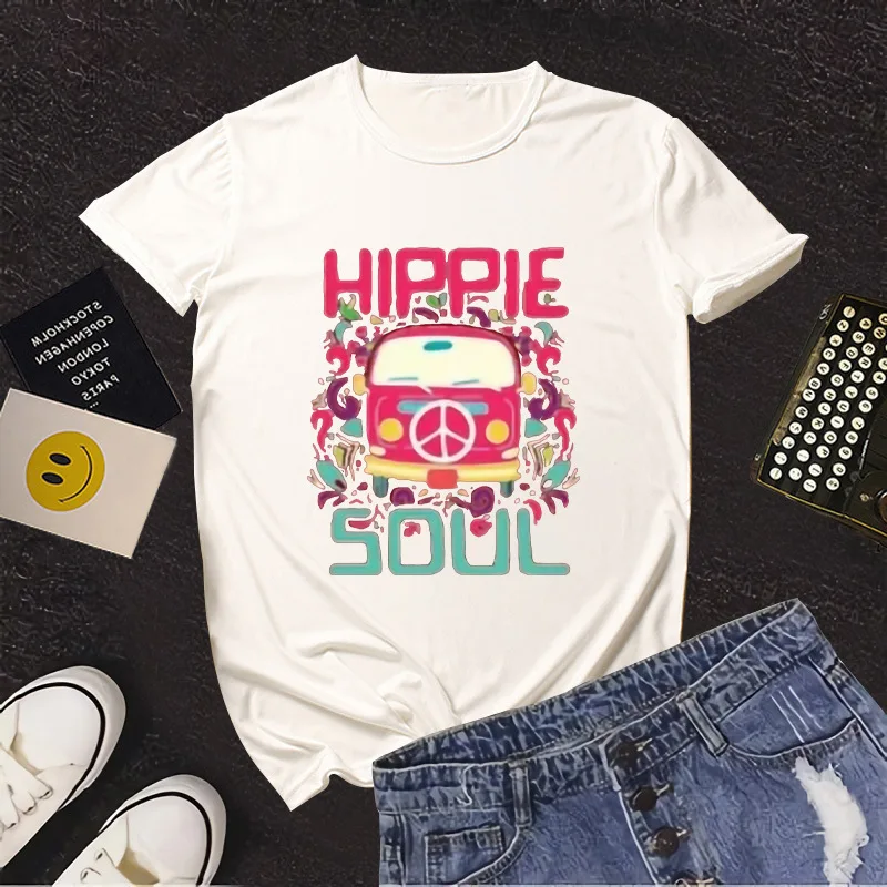 

HIPPIE SOUL Printed T-shirts Women Summer Sleeve Graphic Harajuku Crew Neck