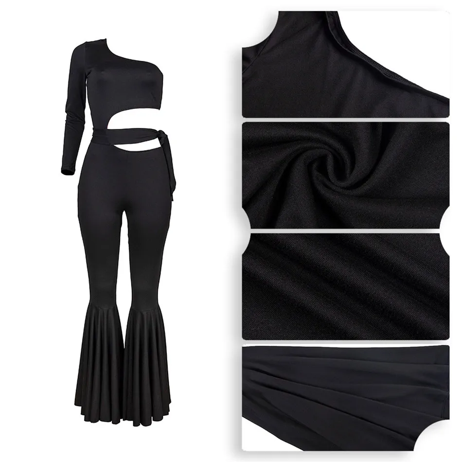 

Women Jumpsuit Solid Waist Band Cut Out Party Clubwear Sexy One Shoulder Single Long Sleeve Romper Vintage Pleated Flare Overall