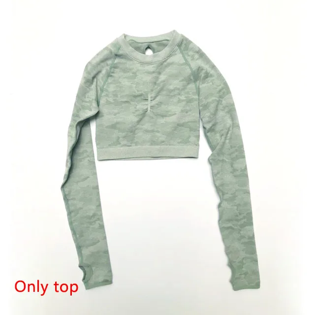 Green top 2 шт., камуфляжный бесшовный комплект для йоги, женская одежда для фитнеса, спортивная одежда, укороченные топы с длинными рукавами+ леггинсы с высокой талией, спортивные костюмы для спортзала - Цвет: Green top