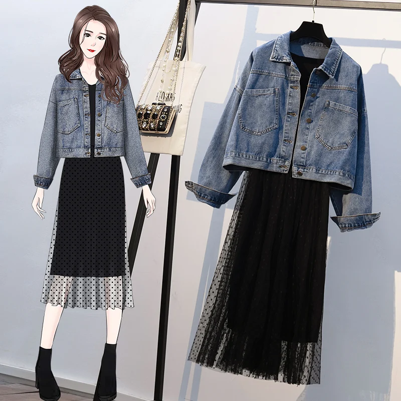 Джинсовый пиджак и большого размера плюс костюм с платьем Женский комплект из