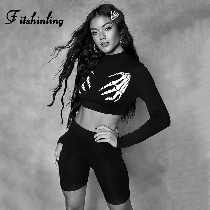 Fitshinling Готический Череп женские подходящие комплекты Темный фитнес 2 шт.