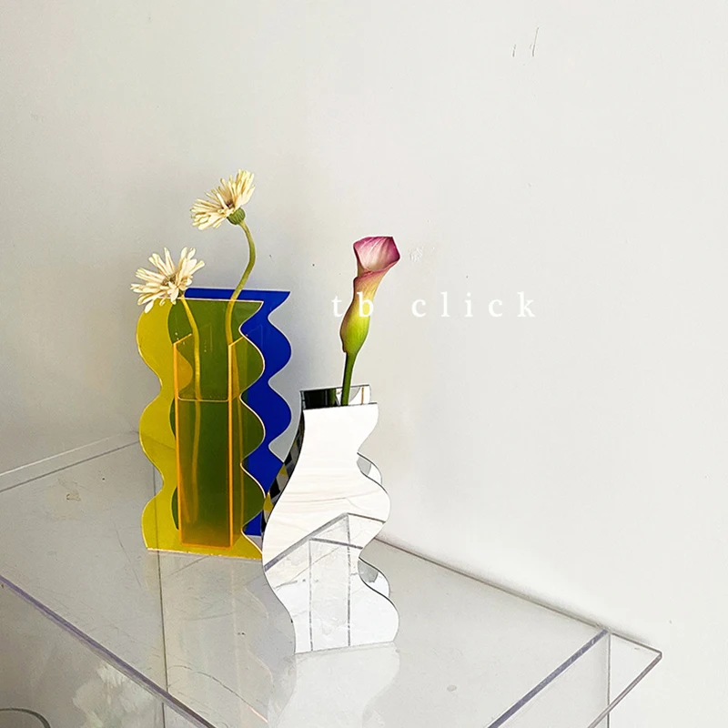 Decoración Para el hogar, superficie de onda acrílica coreana, jarrón abstracto, arreglo floral, adorno artístico, espejo Irregular transparente