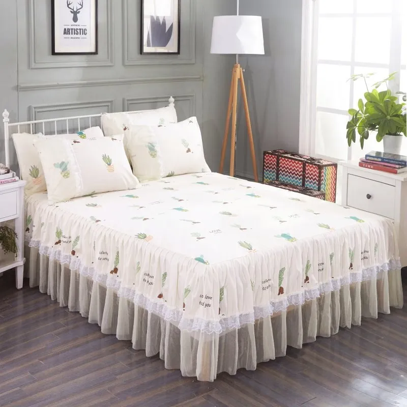 

Ruffled Sheet Cover With 2 Pcs Pillowcases Graceful Floral Lace Bedspread Bedroom Girl Bedcover Skirt Non-slip Mattress Bedskirt