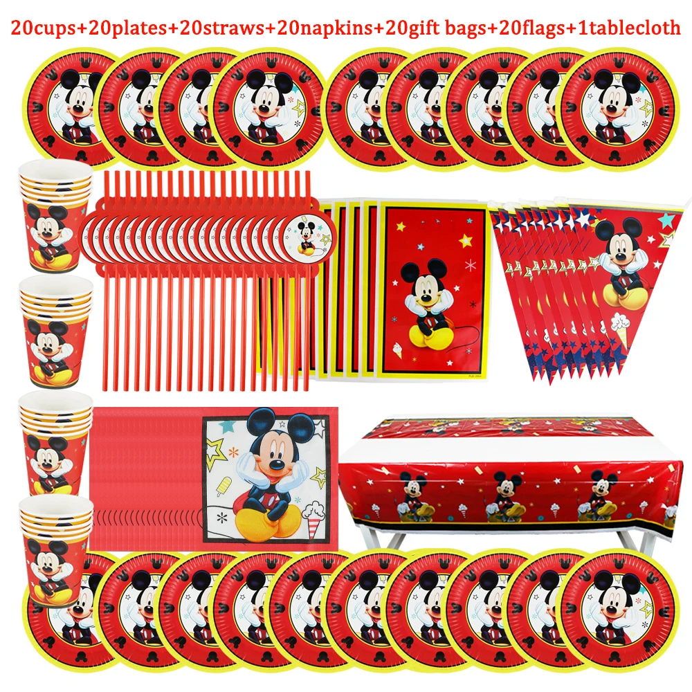 

Red Mickey Mouse Birthday Decoration Boy Girl Baby Shower Party Supplies Plate Cup Napkin Gift Bag Tablecloth Hot Sale Theme