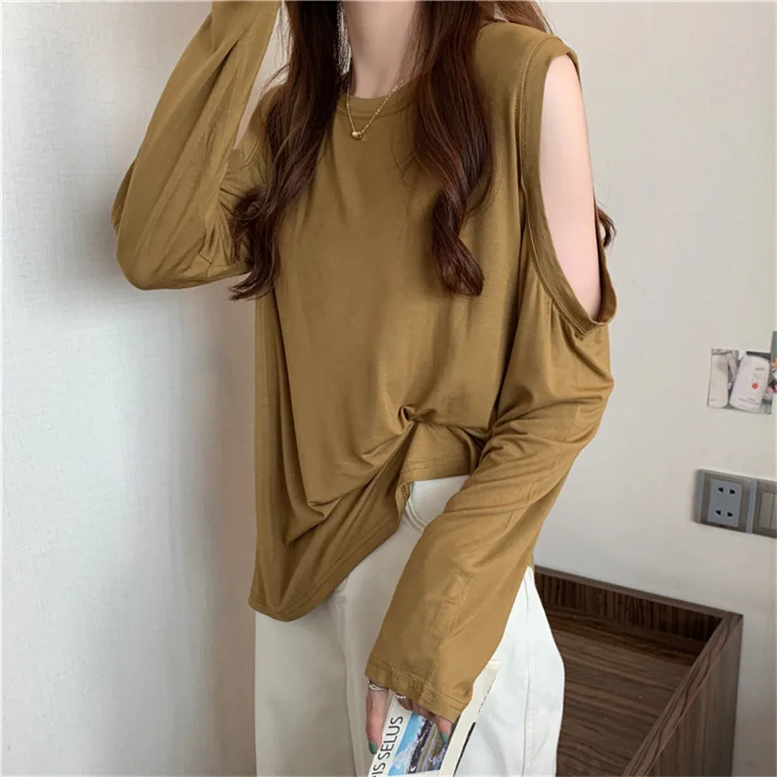 

High Street Fashion Casual T Shirt Women O-Neck Cut Out Shoulder Cotton T-Shirt Female Pullover Long Tee Shirt Femme