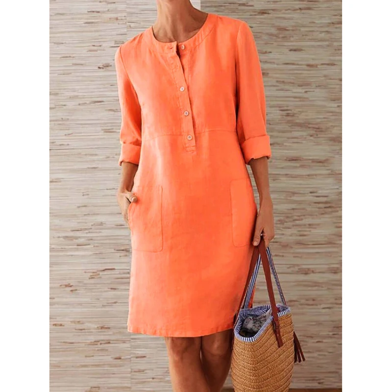

Spring Women's Dress Round Neck Button Pocket Long Sleeve Dress Solid Color Fashion Casual Loose Ladies Knee-length Skirt