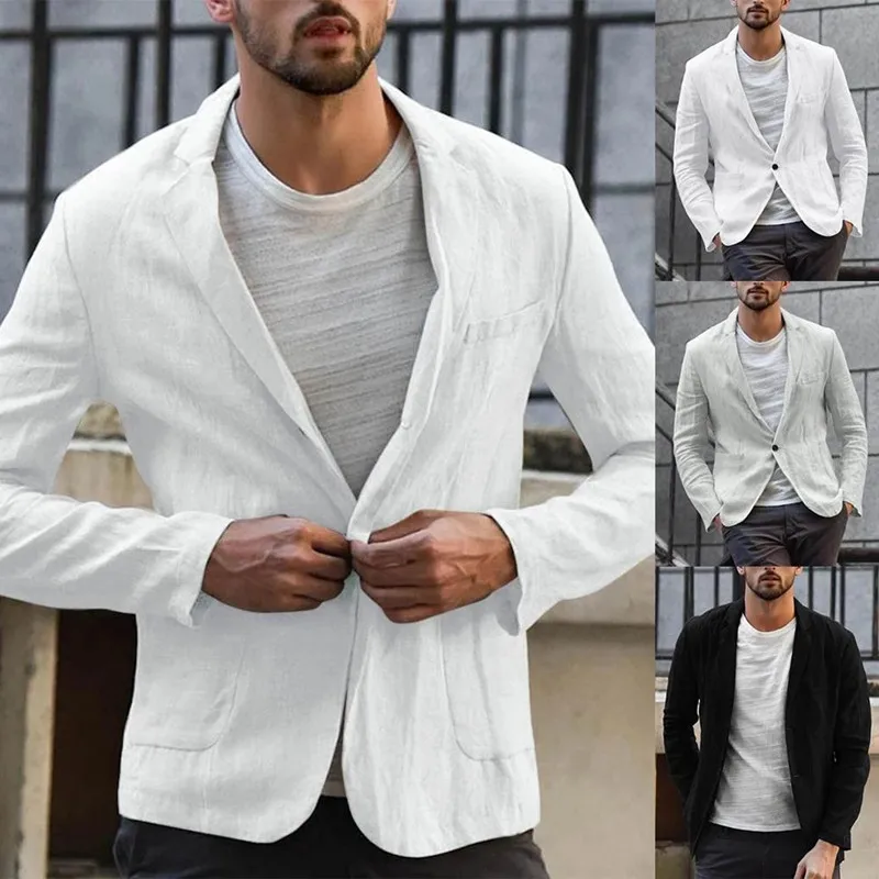 

Men Spring Solid Color Long Sleeve Pockets Cotton Linen Slim Blazer Coat Jacket Coats Clothing Men Blazer Korean