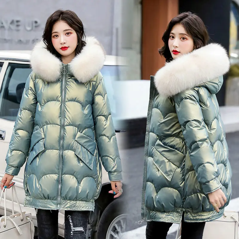 

New Glossy down Cotton-Padded Coat Women's Mid-Length Thickened Korean Style Large Size