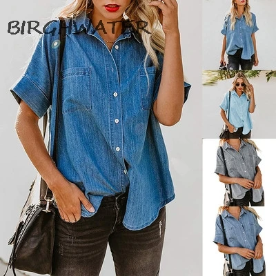

Women's Blouse Summer Short Sleeved Straight Denim Shirt Vintage Loose Plus Size Shirts For Women рубашки женские