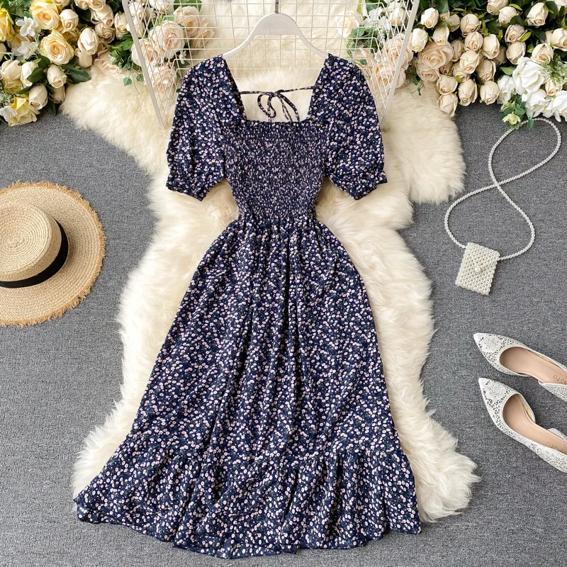 

Ladies 2021 New Spring Summer Fashion Casual Sexy Print Dress Short Sleeve High Waist Square Collar Women's Dress