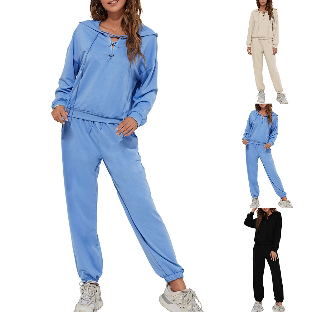 

V-neck Hooded Outfits Tops +Pants Solid Soft Women Long Sleeve Sport Hoodies loose Trousers Blue Autumn Spring Set Loungewear