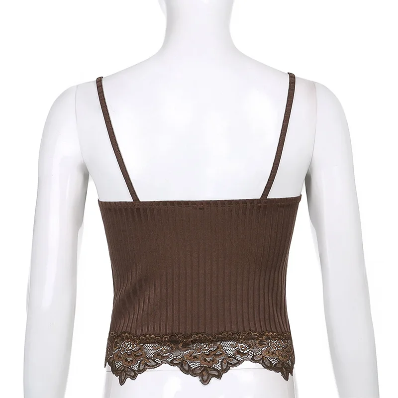 

ALLNeon 90s Streetwear Lace Trim Knitted Brown Cami Tops Y2K Fashion Backless V-neck Cami Top Indie Vintage Spaghetti Strap Top
