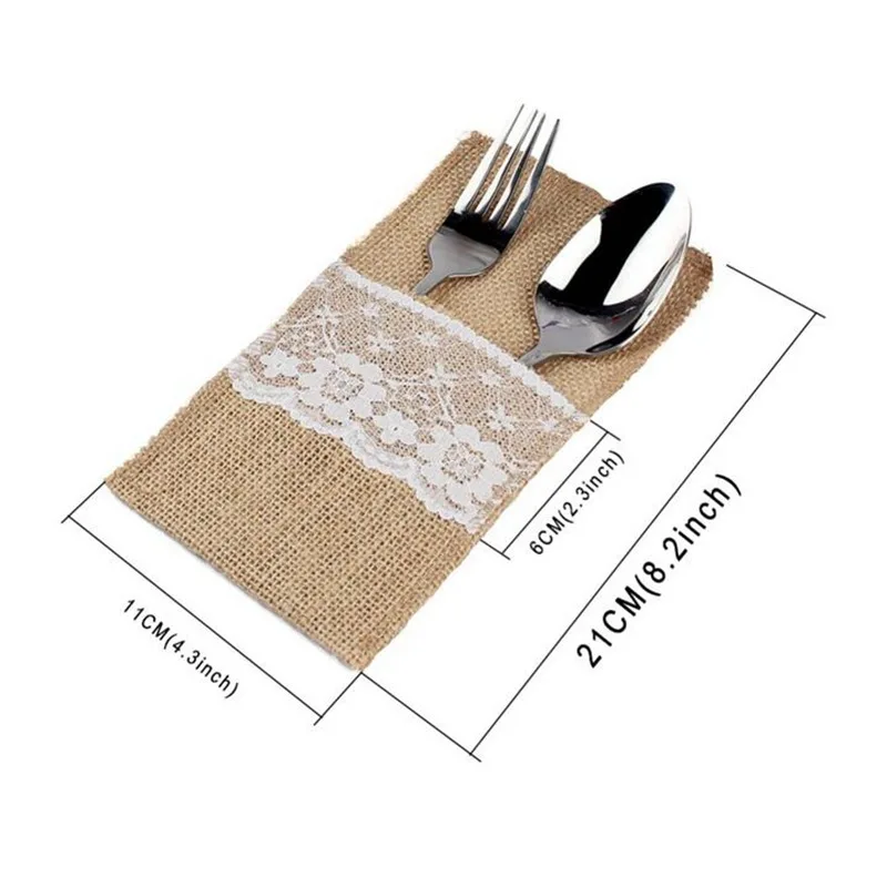

Vintage Jute Hessian Burlap Linen Lace Cutlery Pouch Rustic Wedding Decoration Party Birthday Tableware Knife Fork Holder Bags