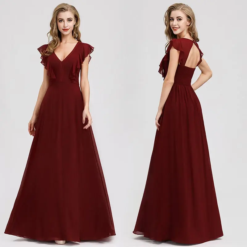 Evening Dress A-line 2020 New Burgundy V-neck with Short Sleeves Open Back Simple Party Gowns Queen Abby |