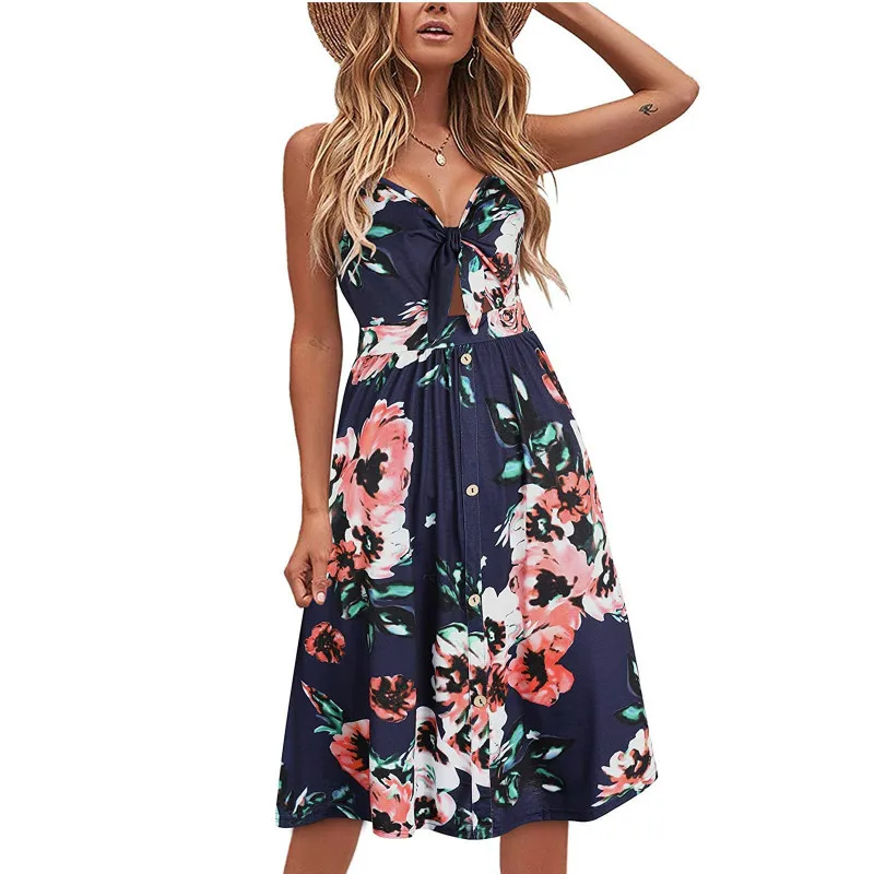 

Tie V-Neck Dress Ladies Digital Printing Beach Dresses Streetwear Sexy Summer Sunshirt Vestidos De Verano Robes Femme Women 2021