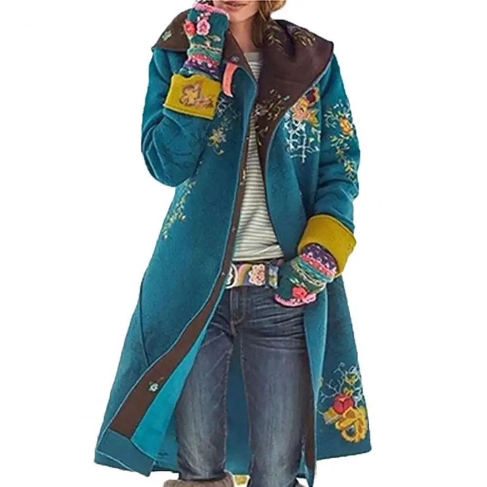 

Женское шерстяное пальто с этническим принтом, длинное Свободное пальто с капюшоном, осенне-зимние плотные плюшевые теплые куртки, ветровк...