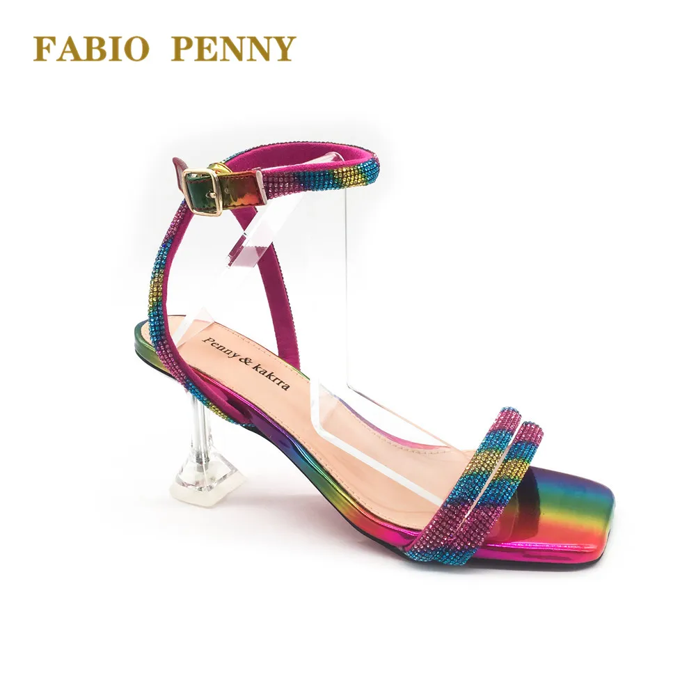 FABIO PENNY New sexy rainbow glitter diamond high heels Square toe high heel women's shoes Dinner party women's sandals