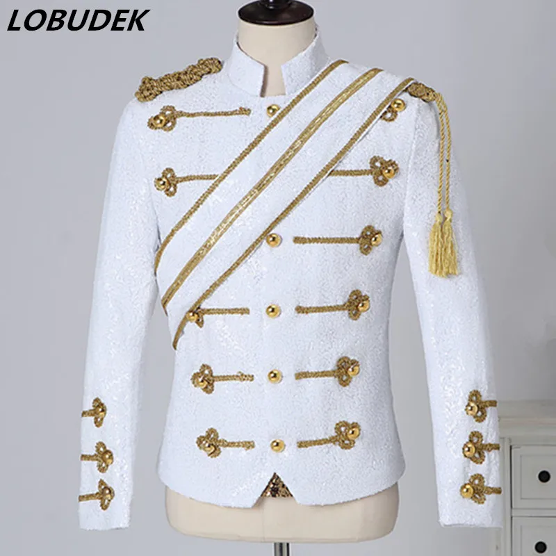 Men's Vintage Military Uniform Shiny Black White Sequins Fringe Epaulet Jacket Stand Collar Court Dress Rock Band Singer Costume