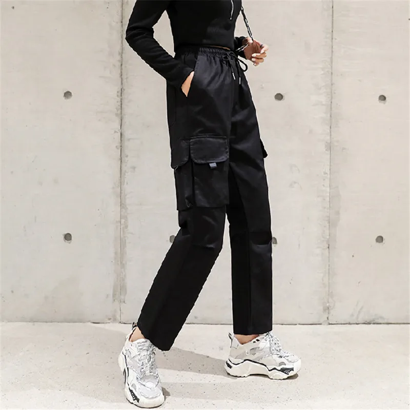 Женские брюки карго с большими карманами свободные высокой талией в уличном
