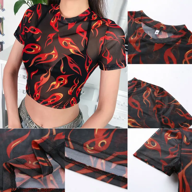 

Brand New Summer Fashion Print Sheer Mesh Angel Crop Top Sexy Perspective Short Sleeve Crew Neck Shirts Blouses Party Clubwear