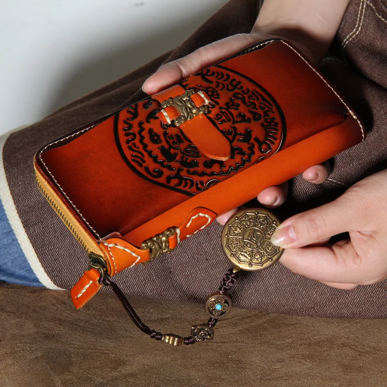 

Мужской бумажник ручной работы, длинный бумажник из ткани для денег, кожаная сумка с резьбой, кожаный вертикальный бумажник в китайском сти...