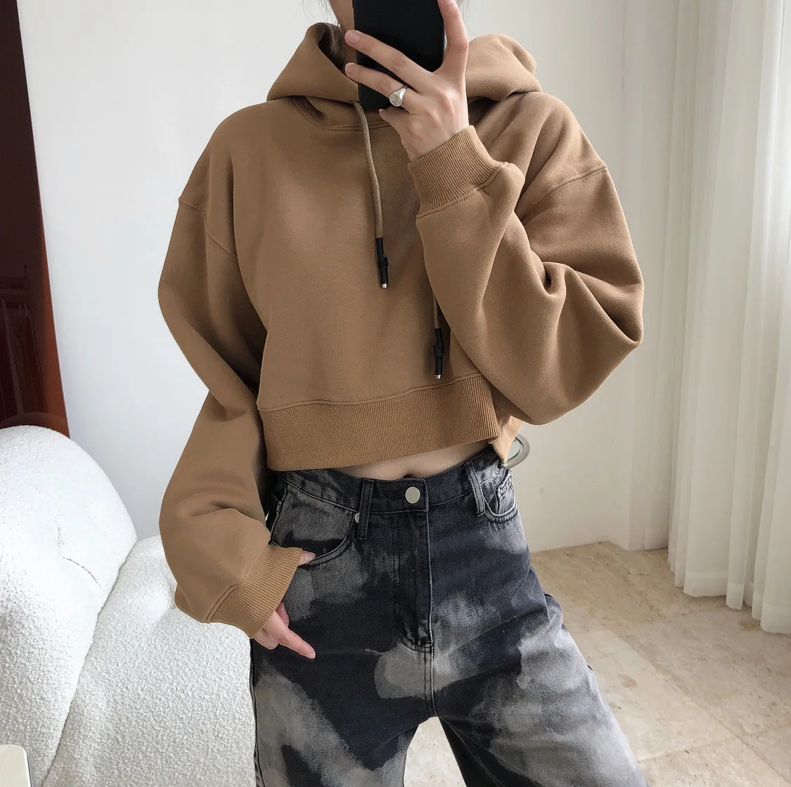 

Autumn Winter New High Waist Crop Navel Short Style Plus Cashmere Hoodie Loose Show Thin Long Sleeve Blouse Thick Women