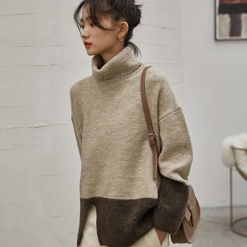 Свитер женский трикотажный с длинным рукавом и высоким воротником зимний |