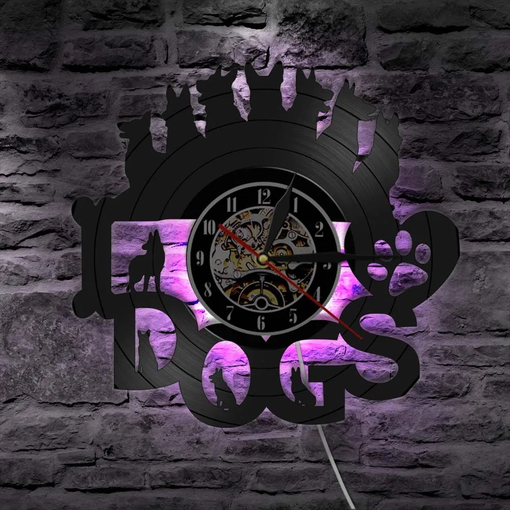I Love Dogs Romantic Dog Quote Vinyl Record Disco Wall Clock Puppy Silhouette Laser Cut Handicraft Art Home Decor | Дом и сад