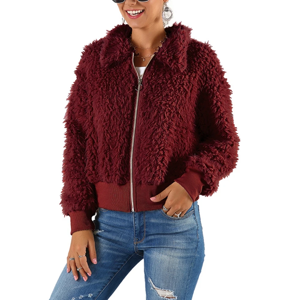 

Women's Fall / Winter Warm Plush Jacket Lapel Zipper Outer Wear Wild Top