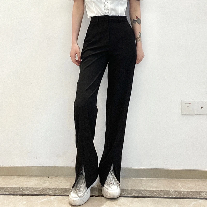 

2021 New Woman Girls High Waist Zipper Solid Black Full Length Slip Pant Trouser Office Ladies Straight Bottom Clothes