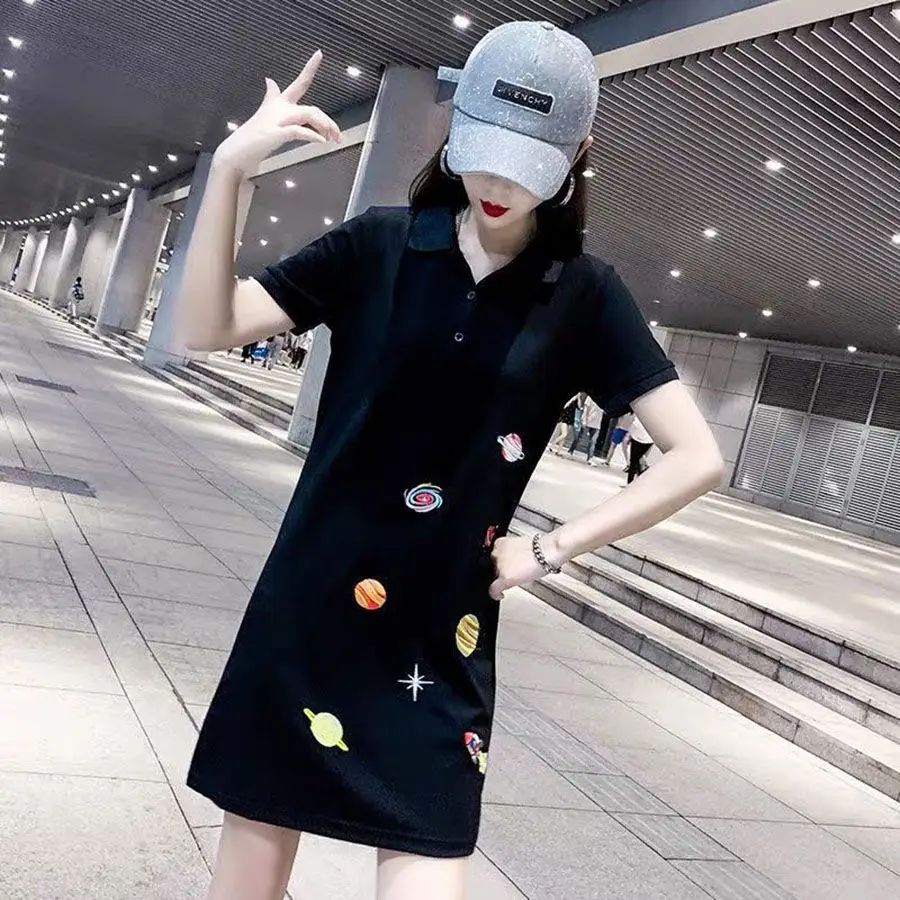 

polo collar dress 2021 new summer Hong Kong style long casual slim starry sky embroidered sports skirt children