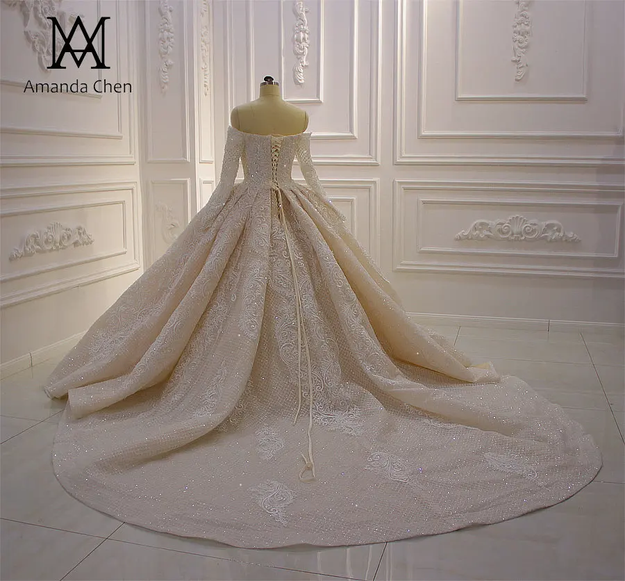 Robe de mariee с открытыми плечами Длинные рукава Кружева Аппликация блестящее свадебное платье цвета шампанского