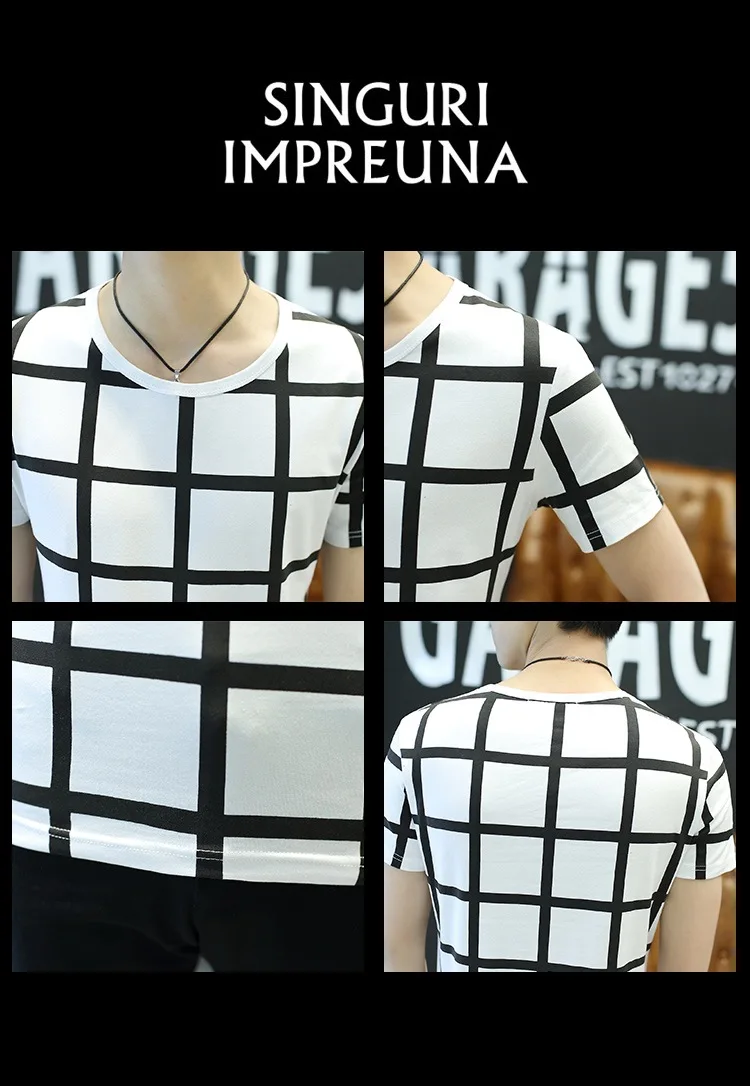 Клетчатая футболка мужская летняя стильная свободная с коротким рукавом модная