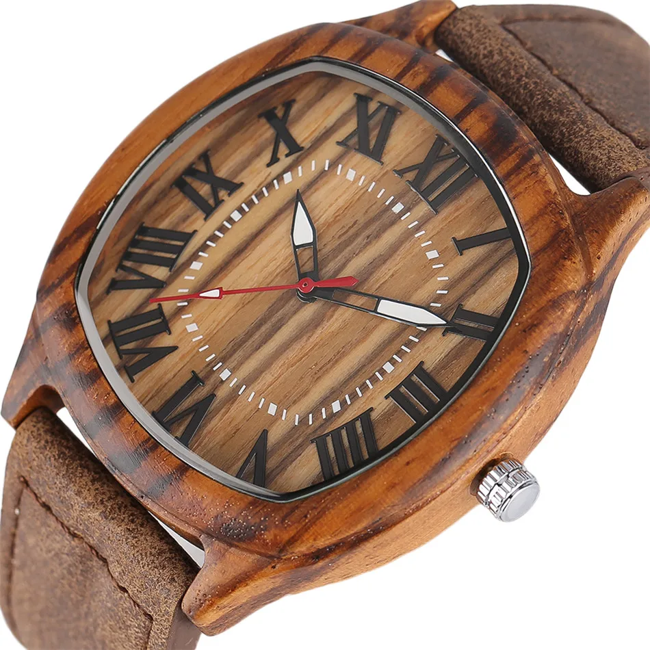 

REDFIRE Tonneau Shaped Roman Numerals Dial Zebra Wood Mens Watch Quartz Genuine Leather Wristwatch Retro Cool Wooden Timepiece
