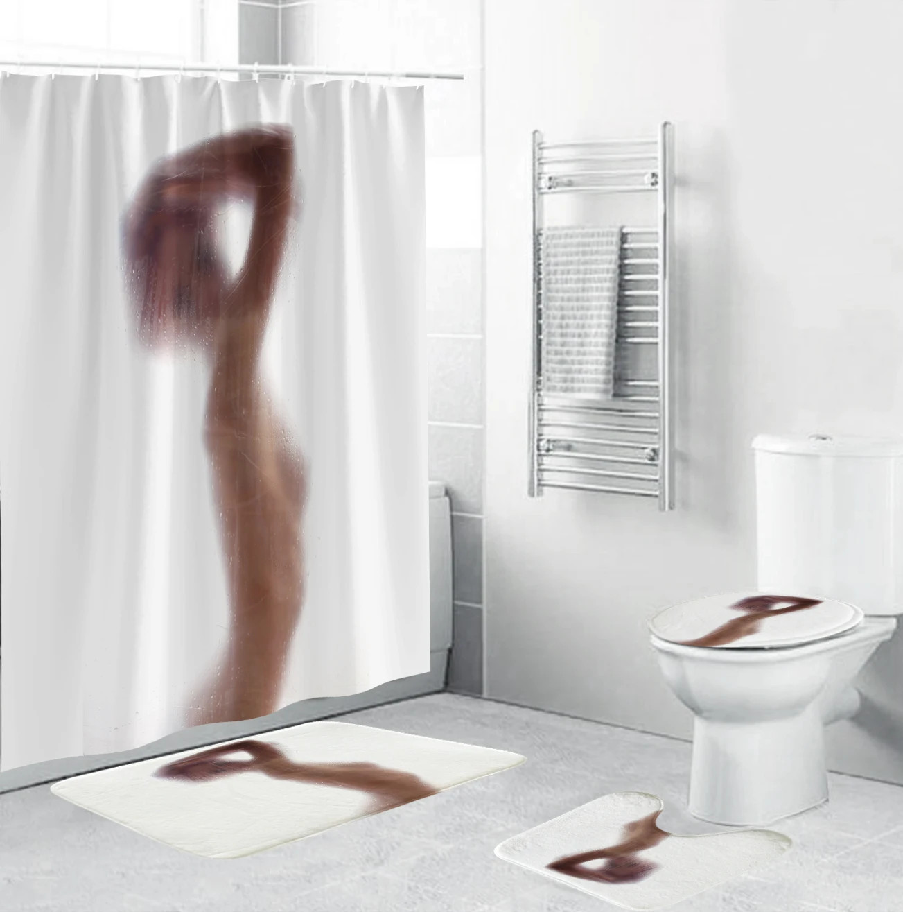 Women Shadow Polyester Fabric Shower Curtain Bathroom Curtains Set Printed Carpet Cover Toilet Bath Mat Pad for Home Decor | Дом и сад