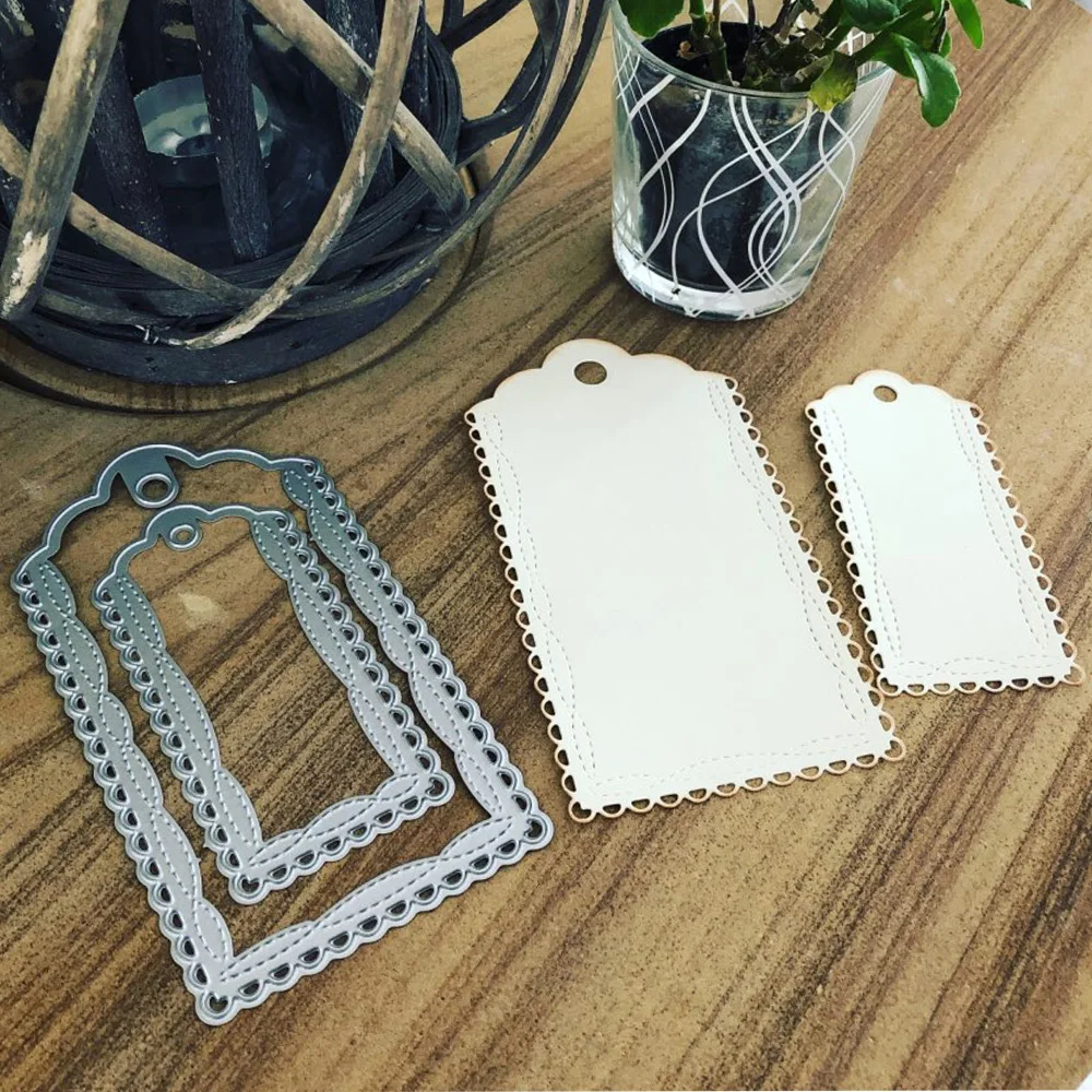 

2pcs scalloped Gift Tags metal cutting Dies Scrapbooking Craft Die Cut Emboss wonky stitching card punch Stencil 7.7X14CM