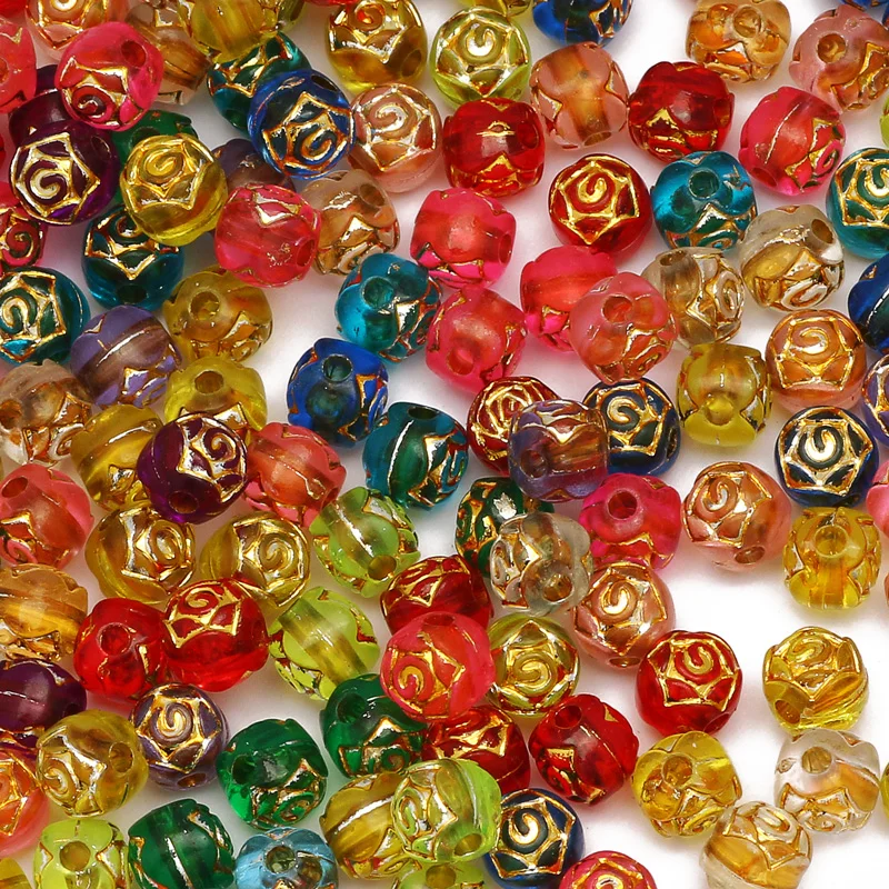 

100/200Pcs Mixed Color Acrylic Round Beads Gold Pattern Loose Spacer Beads For Jewelry Making Diy Bracelet Necklace Accessories